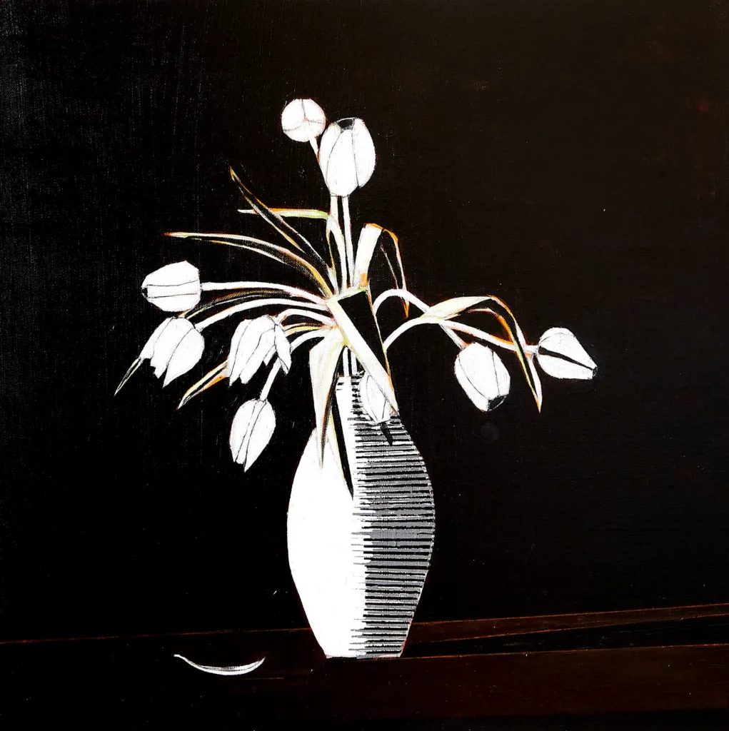 A minimalist still life painting by Don Hershman featuring a stark white vase filled with white tulips against a solid black background.