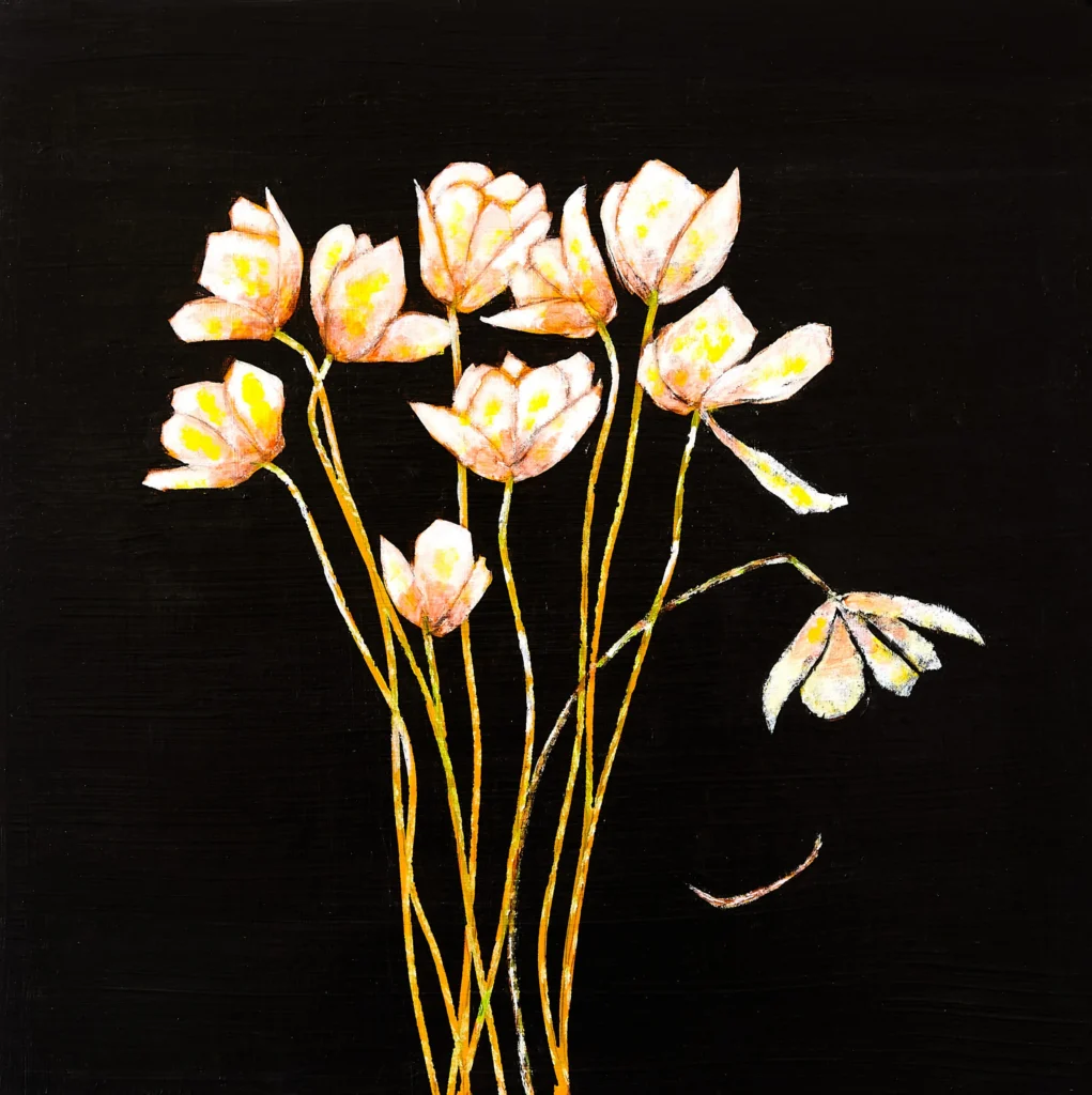 A contemporary painting by Don Hershman depicting a bundle of long-stemmed white and yellow tulips against a solid black background.